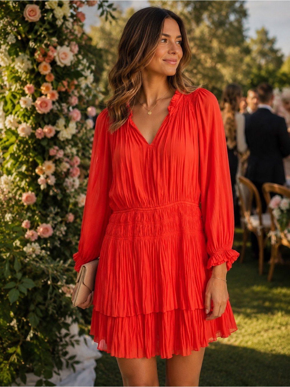 Current Air Red Long Sleeve Tiered Mini Dress